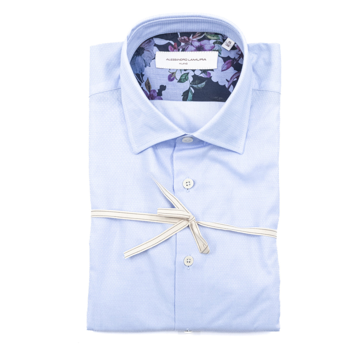 Camicia Azzurro Chiaro con Trama Geometrica e Dettaglio Floreale
