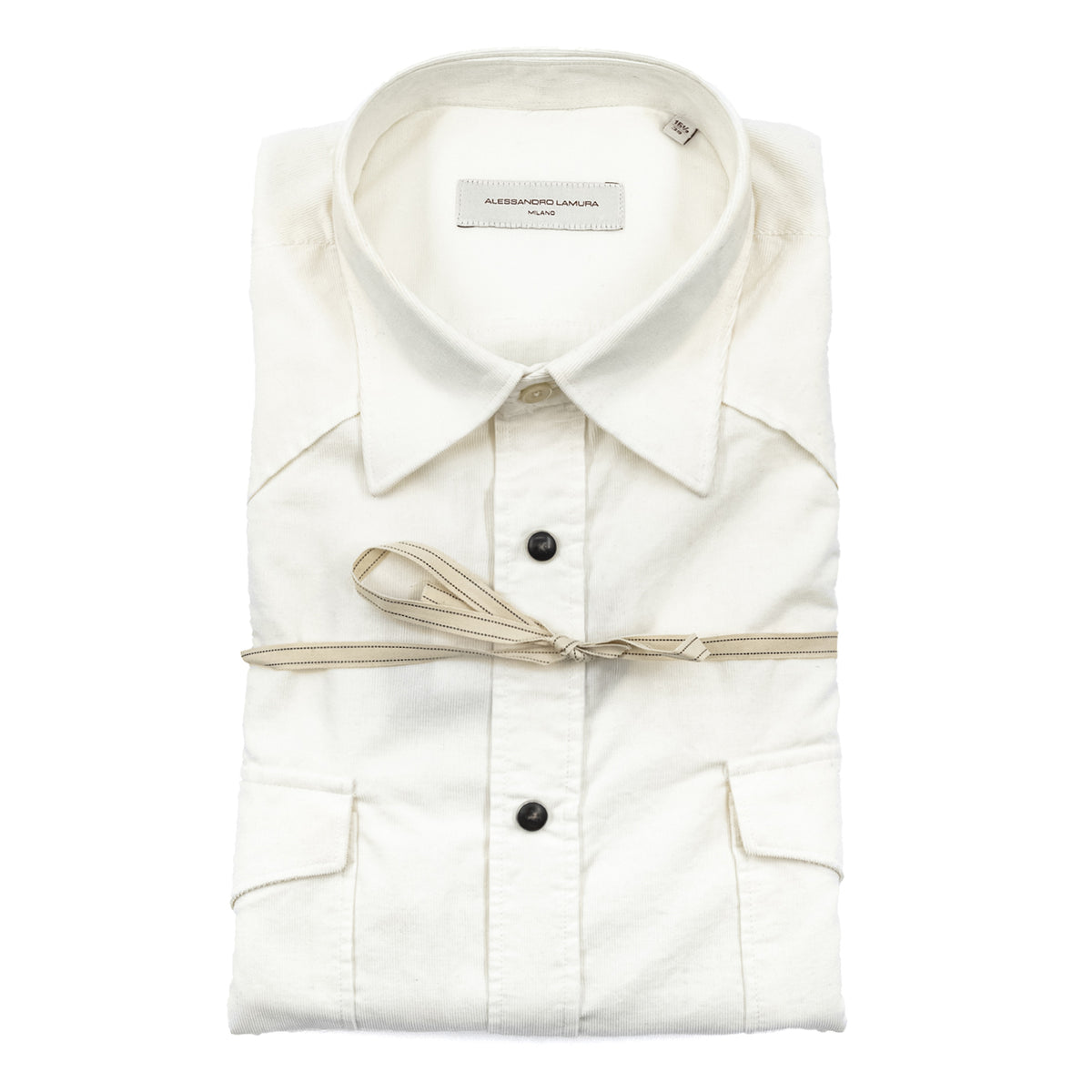 Camicia in Velluto a Costine Bianco Panna con Tasche Applicate