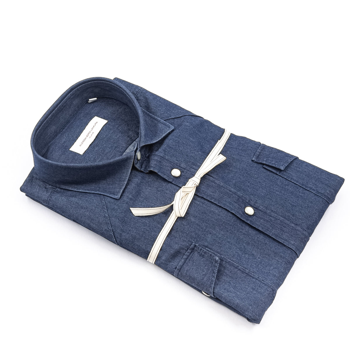 Camicia in Denim Blu con Tasche Applicate