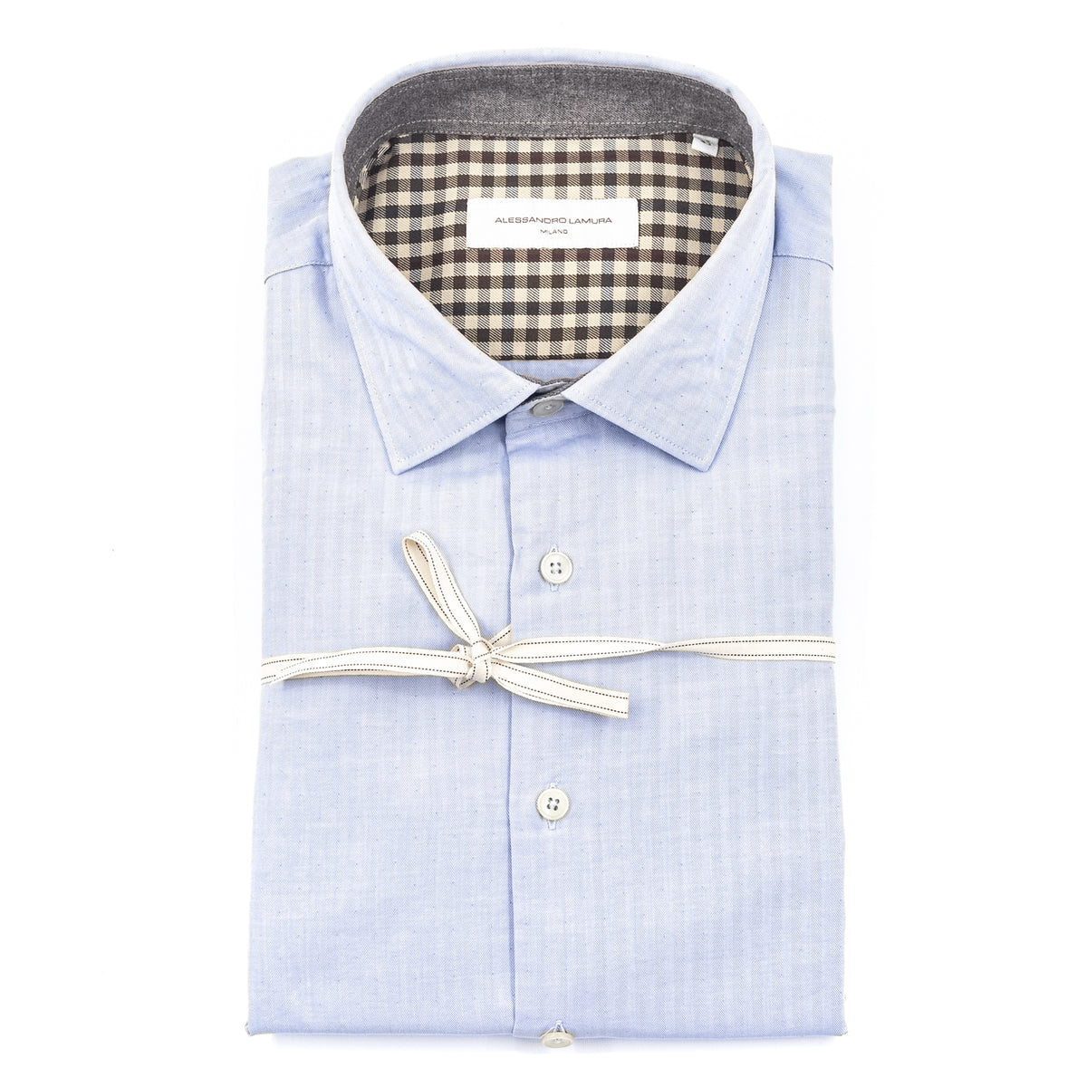 Camicia Celeste con Trama a Spina di Pesce