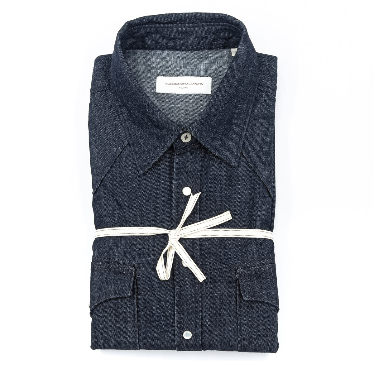 Camicia in Denim Blu Scuro con Bottoni a Pressione