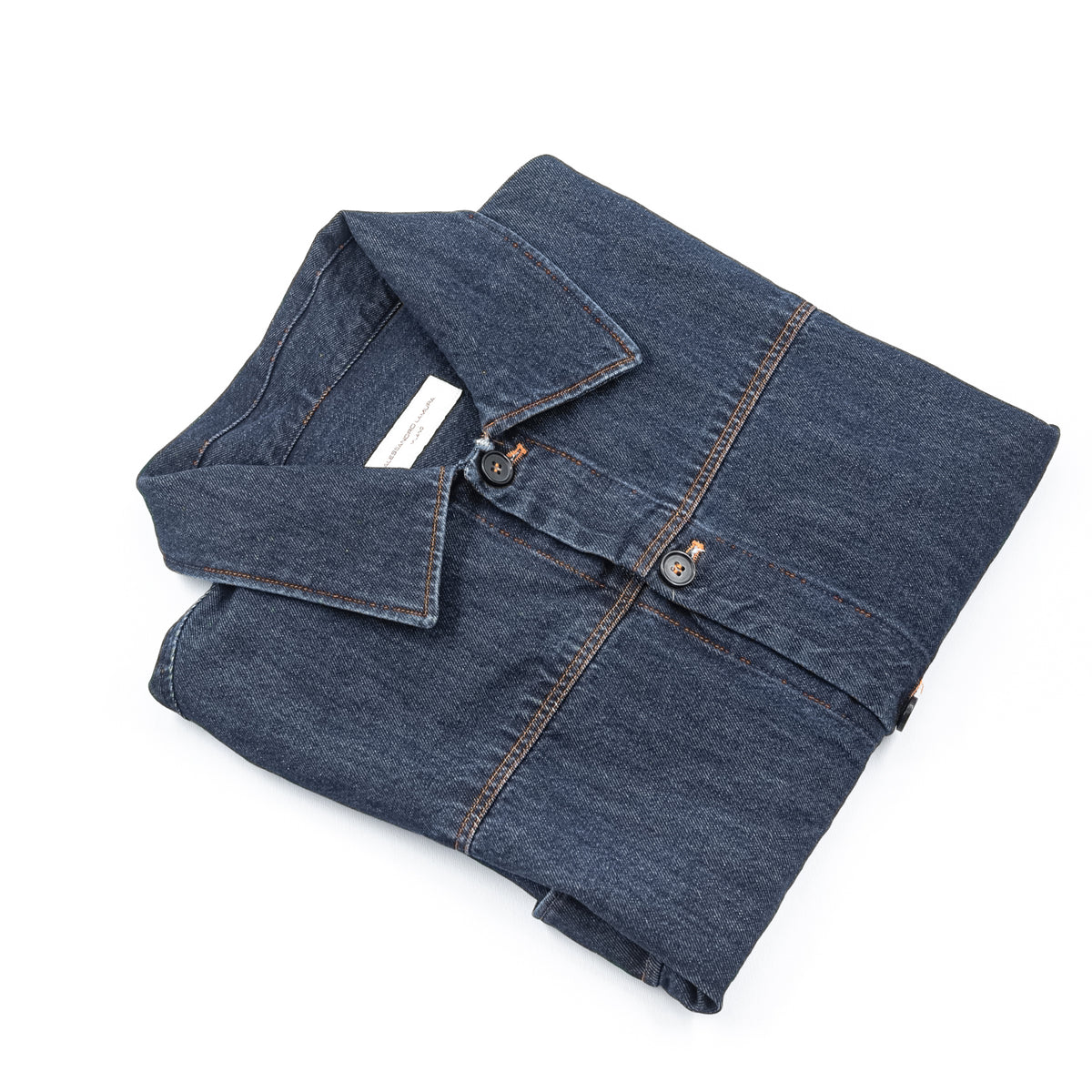 Giacca Camicia in Denim Blu con Cuciture a Contrasto