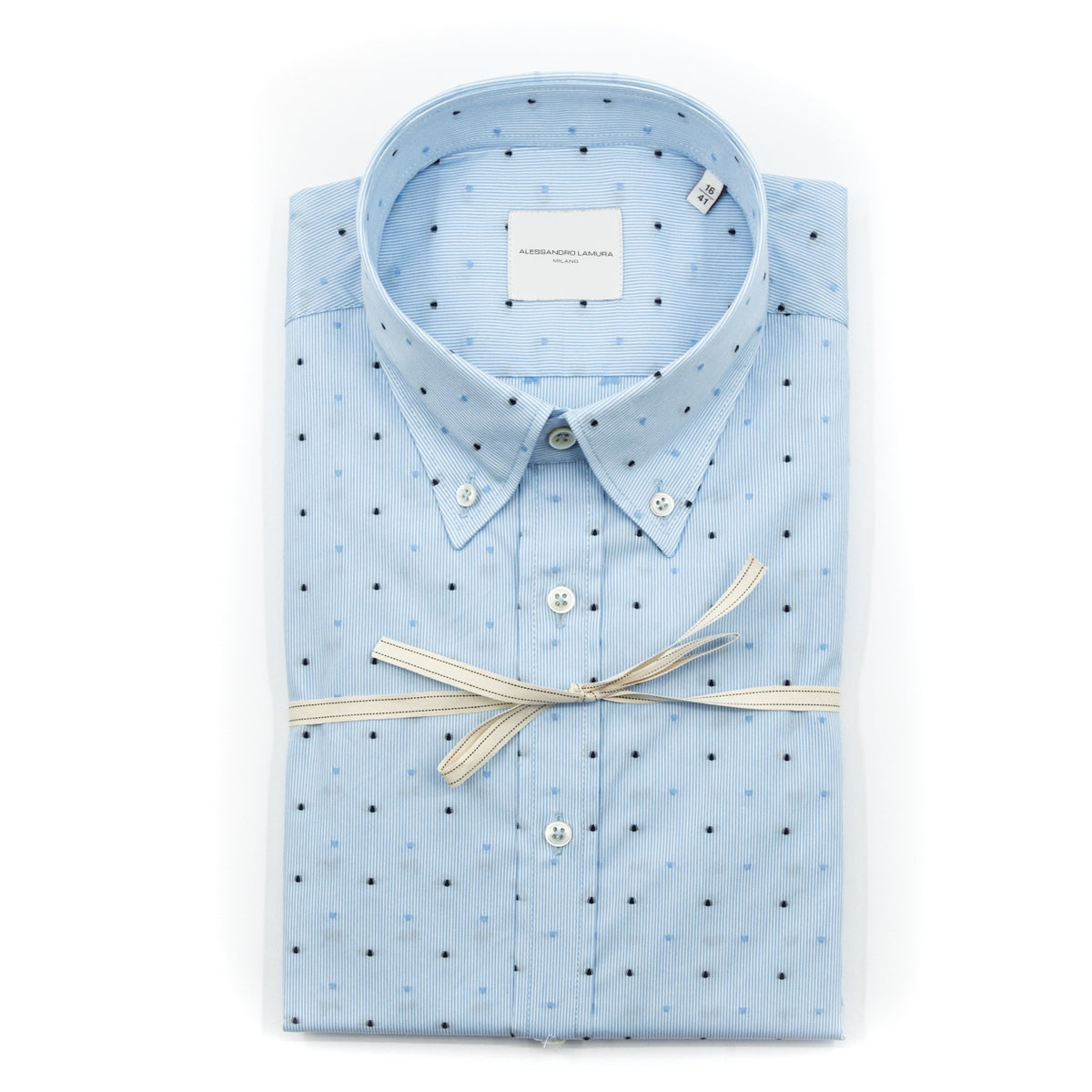 Camicia Azzurra a Righe Sottili con Micro Fantasia Blu e Colletto Button-Down