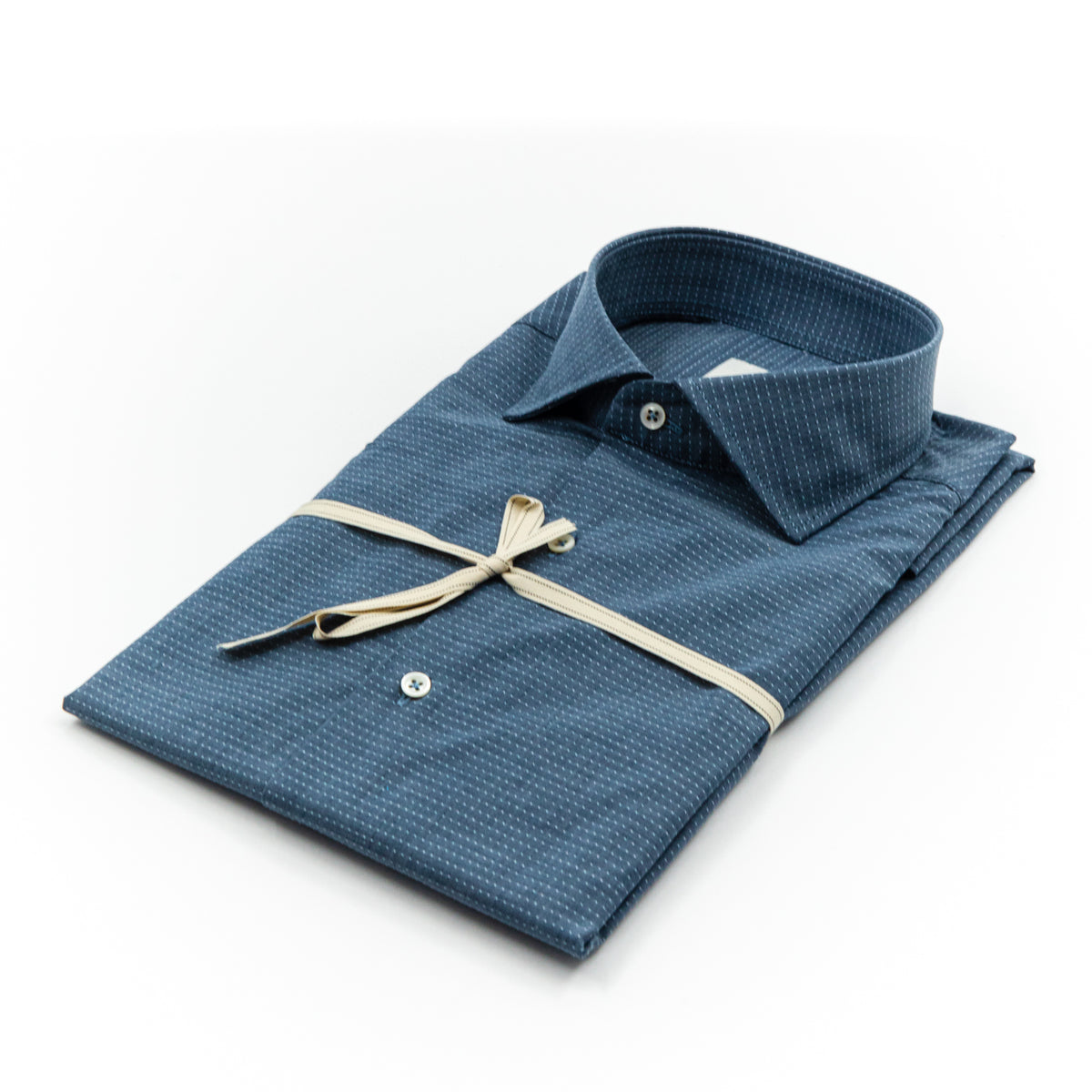 Camicia Blu Denim con Micro Fantasia Geometrica e Colletto Italiano