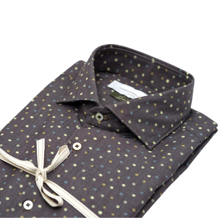 Dark Brown Shirt with Multi-Colored Polka Dot Pattern