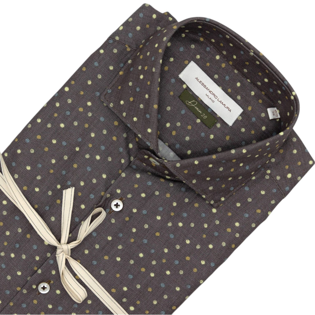 Dark Brown Shirt with Multi-Colored Polka Dot Pattern