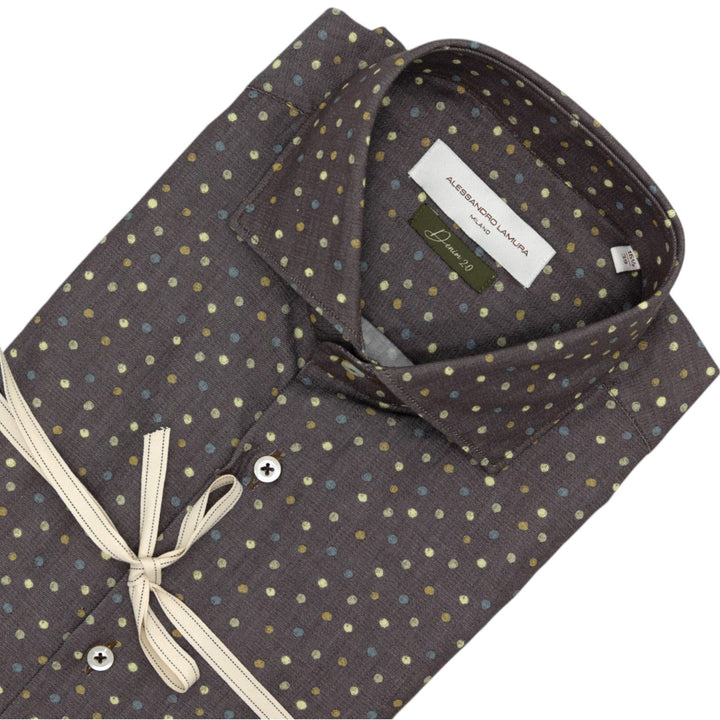 Dark Brown Shirt with Multi-Colored Polka Dot Pattern