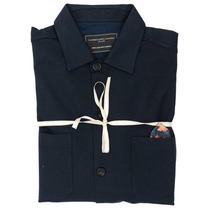 Camicia Overshirt Blu Scuro con Dettaglio Fantasia a Contrasto