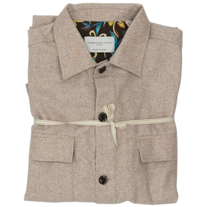 Camicia Overshirt Beige Melangiato con Dettagli Interni Floreali