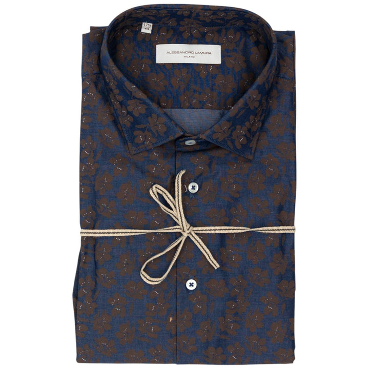 Camicia Blu Scuro con Motivo Floreale Marrone