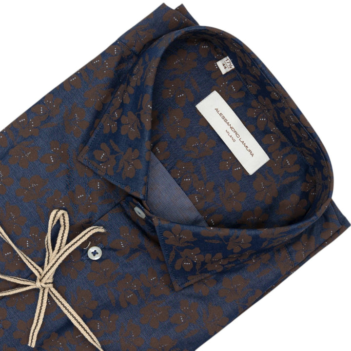 Camicia Blu Scuro con Motivo Floreale Marrone