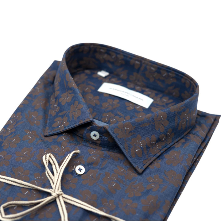 Camicia Blu Scuro con Motivo Floreale Marrone
