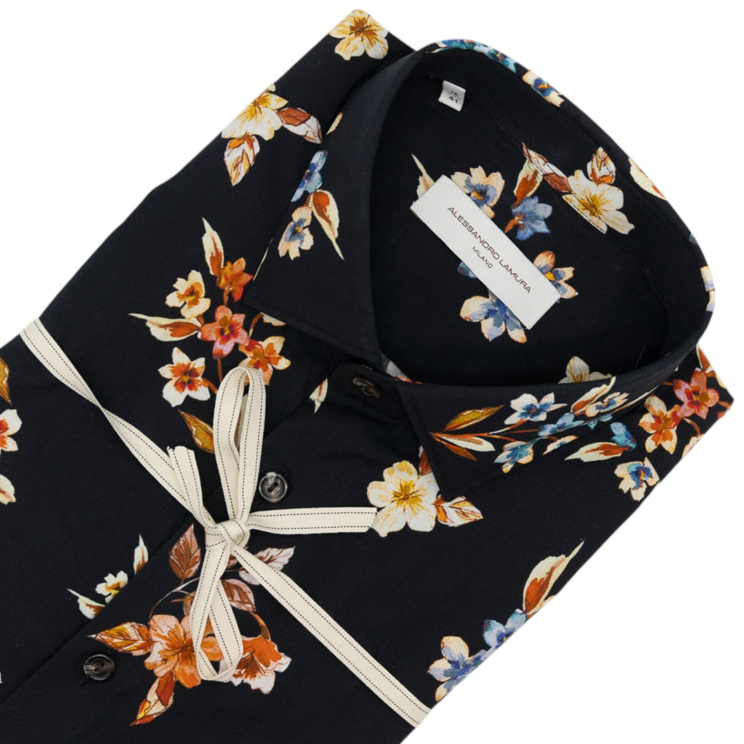 Camicia Nera con Motivo Floreale Multicolore