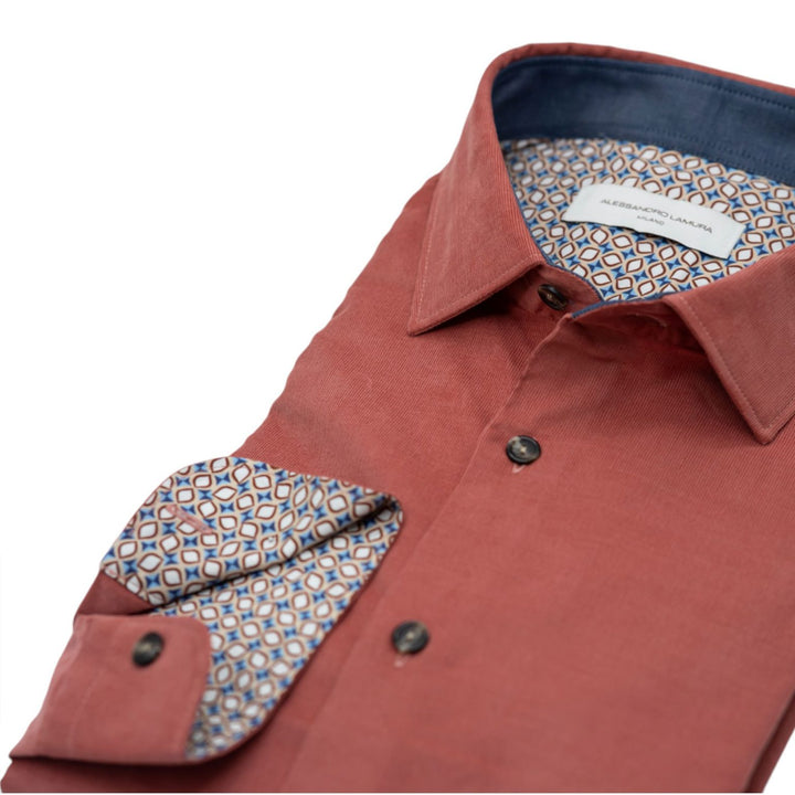Camicia in Velluto Millerighe Verde Oliva Con Dettagli Interni Geometrici