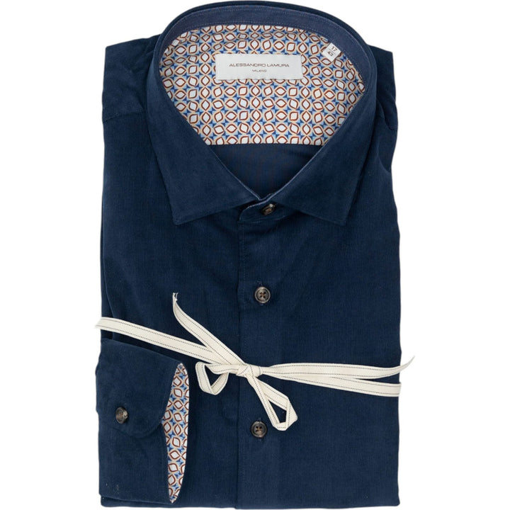 Camicia Velluto Millerighe Blu Navy Con Dettagli Interni Geometrici