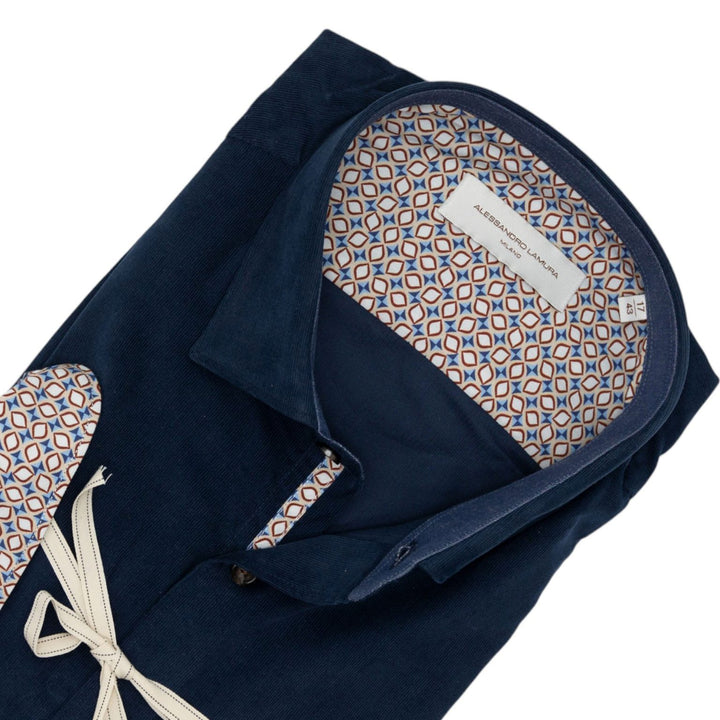 Camicia Velluto Millerighe Blu Navy Con Dettagli Interni Geometrici