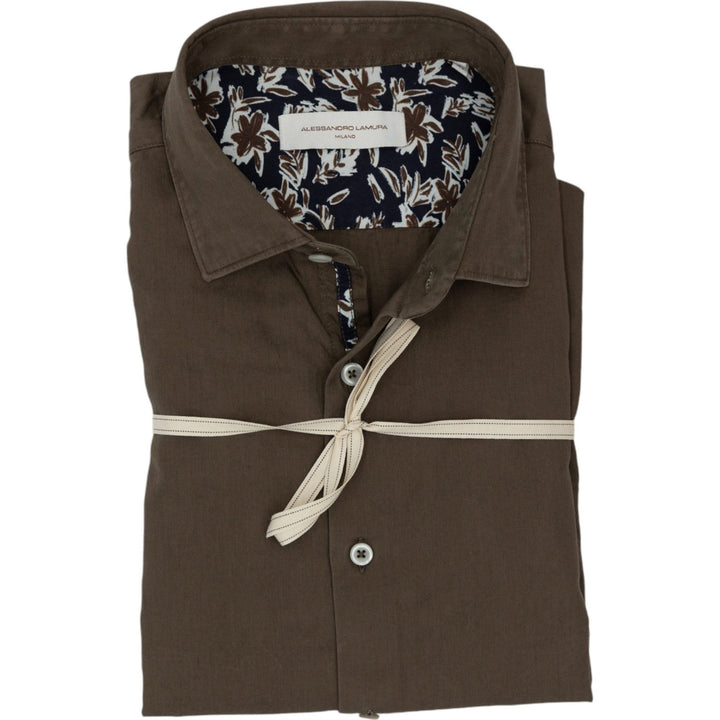 Camicia in Gabardine Tinta in Capo Verde Oliva Con Dettagli Floreali a Contrasto