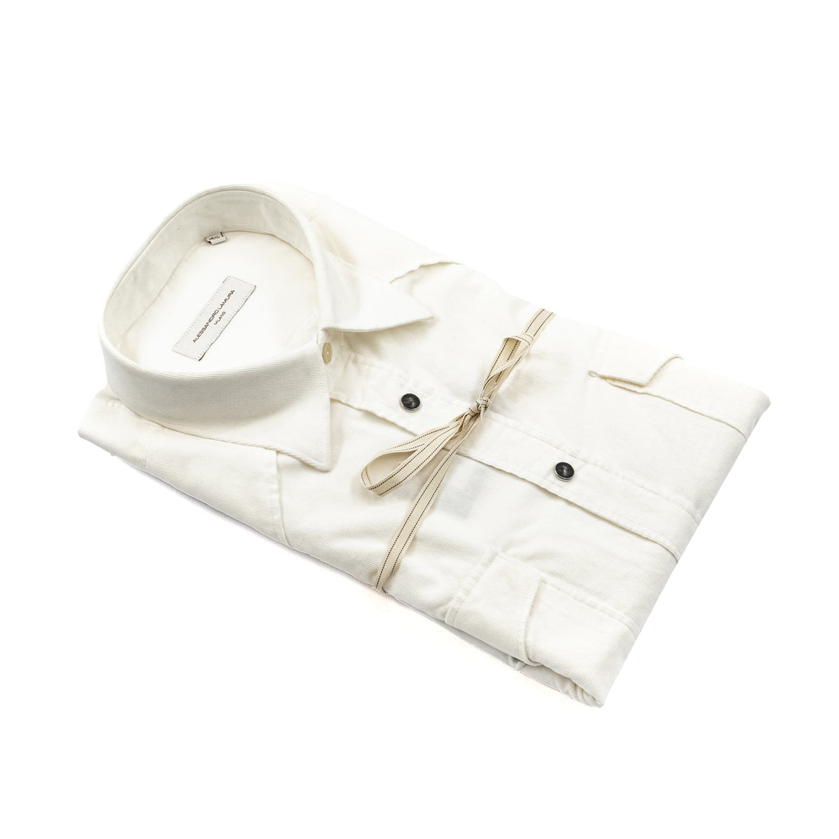 Camicia in Velluto a Costine Bianco Panna con Tasche Applicate