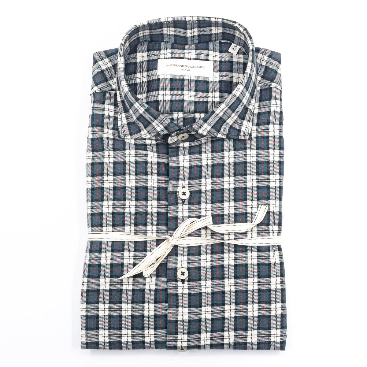 Camicia a Quadri Blu e Bianco con Dettagli Rossi