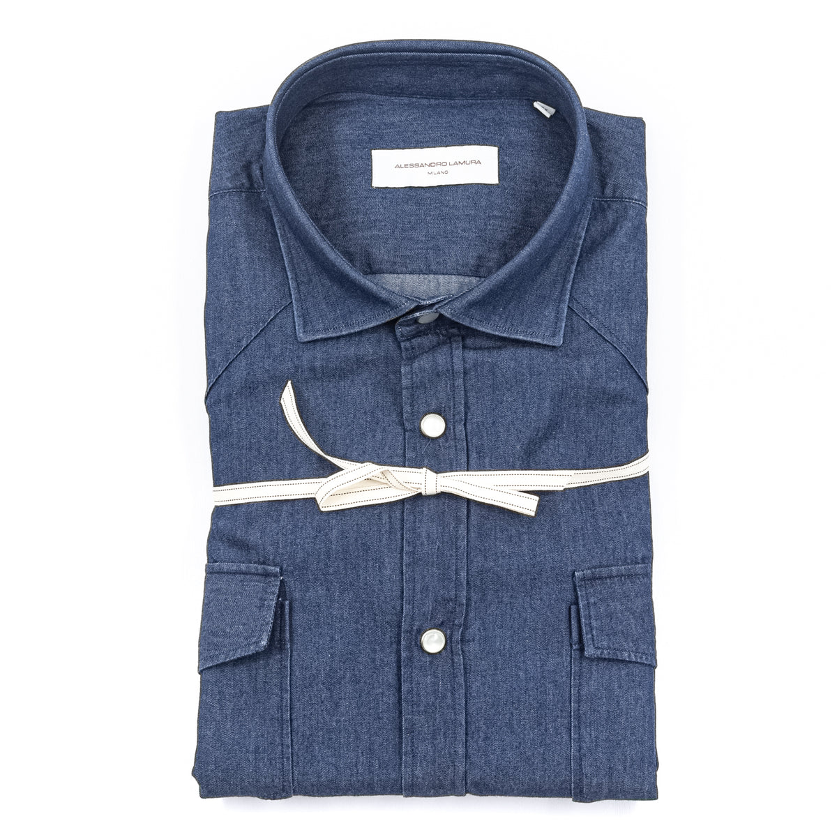 Camicia in Denim Blu con Tasche Applicate