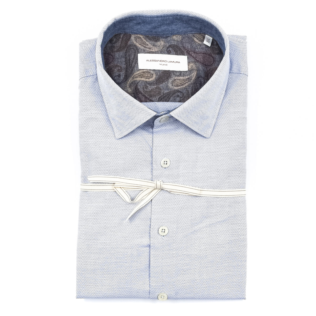 Camicia Azzurra Microfantasia con Dettaglio Paisley