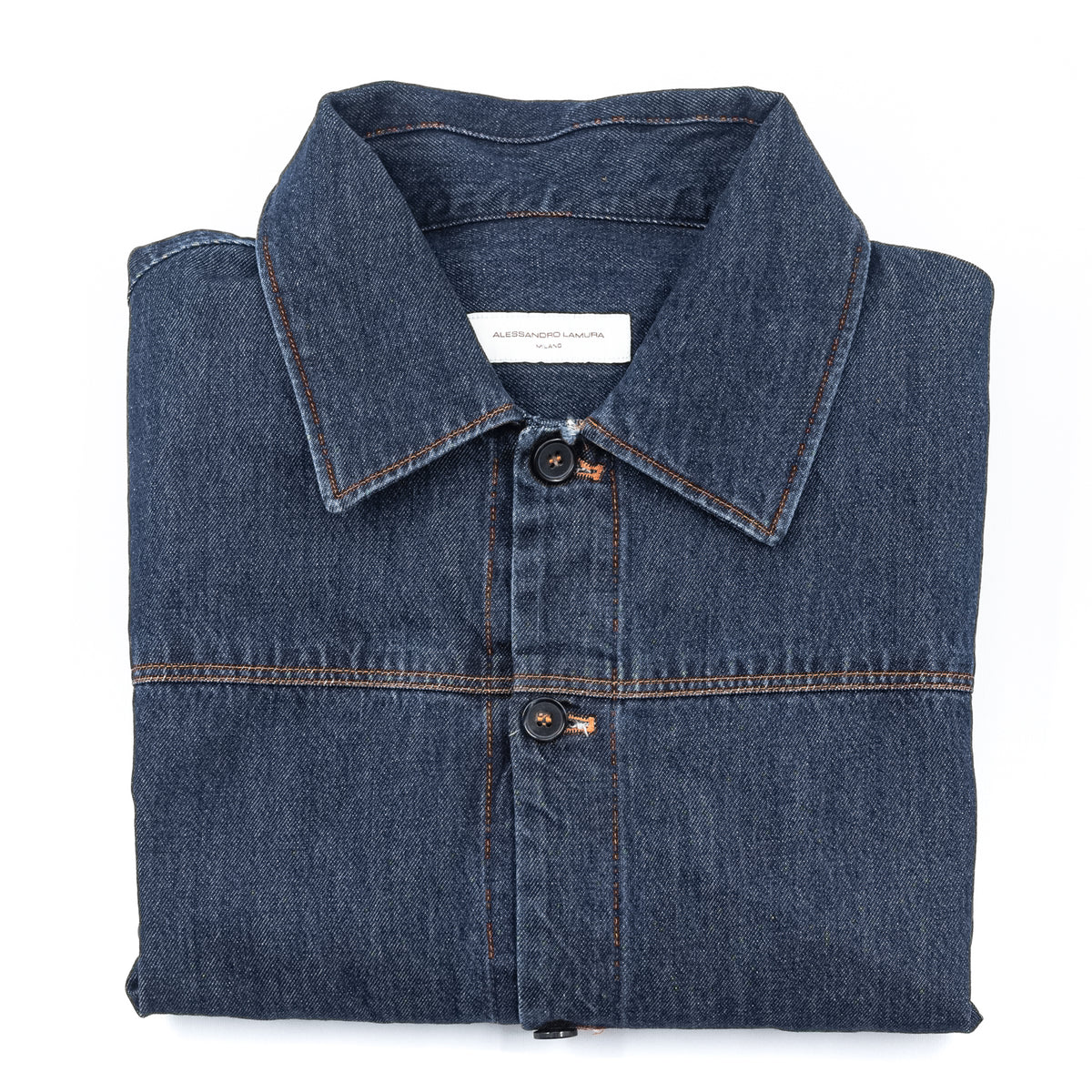 Giacca Camicia in Denim Blu con Cuciture a Contrasto