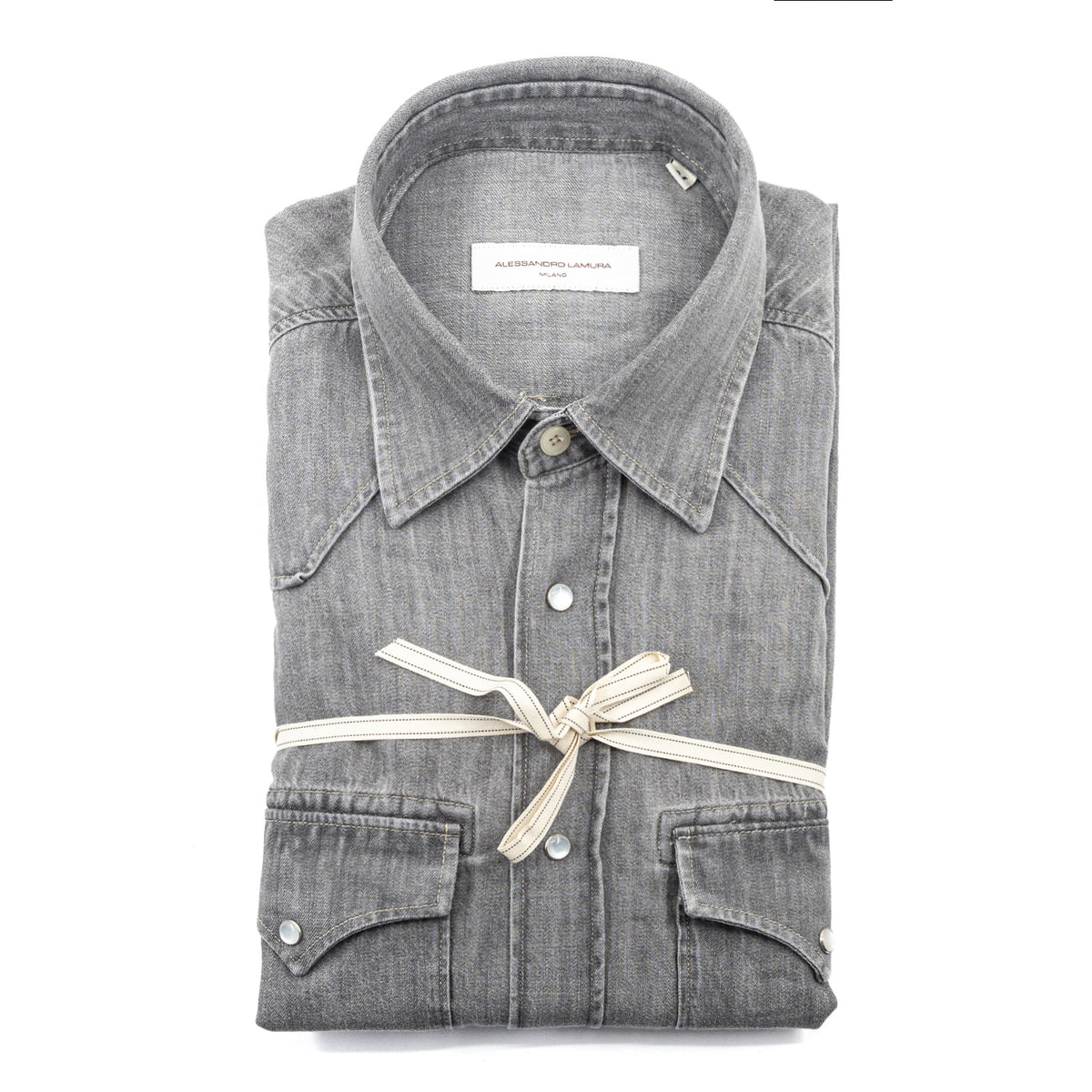 Camicia Denim Grigio Lavato con Bottoni a Pressione