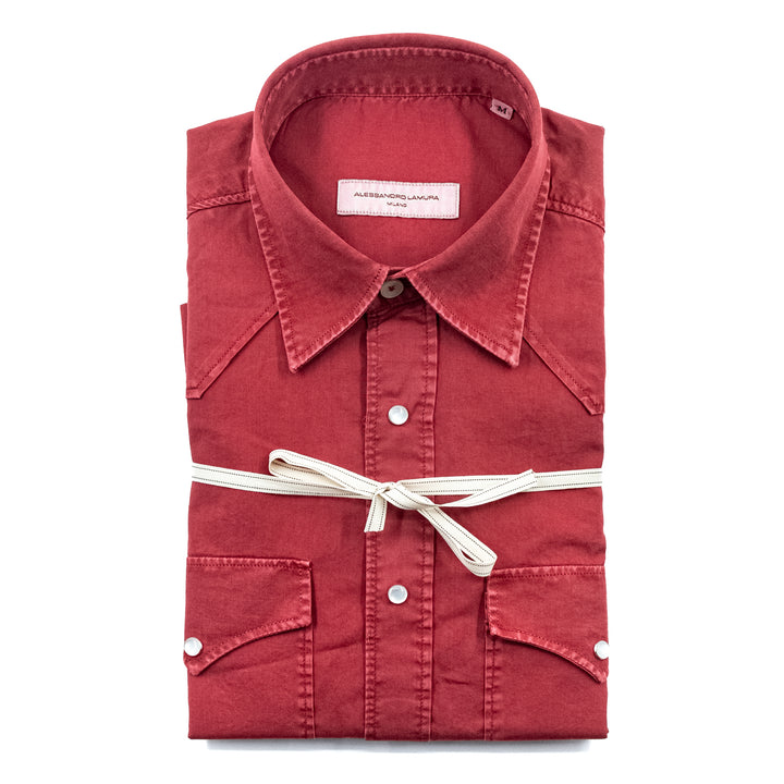 Camicia Rossa Effetto Lavato con Bottoni a Pressione