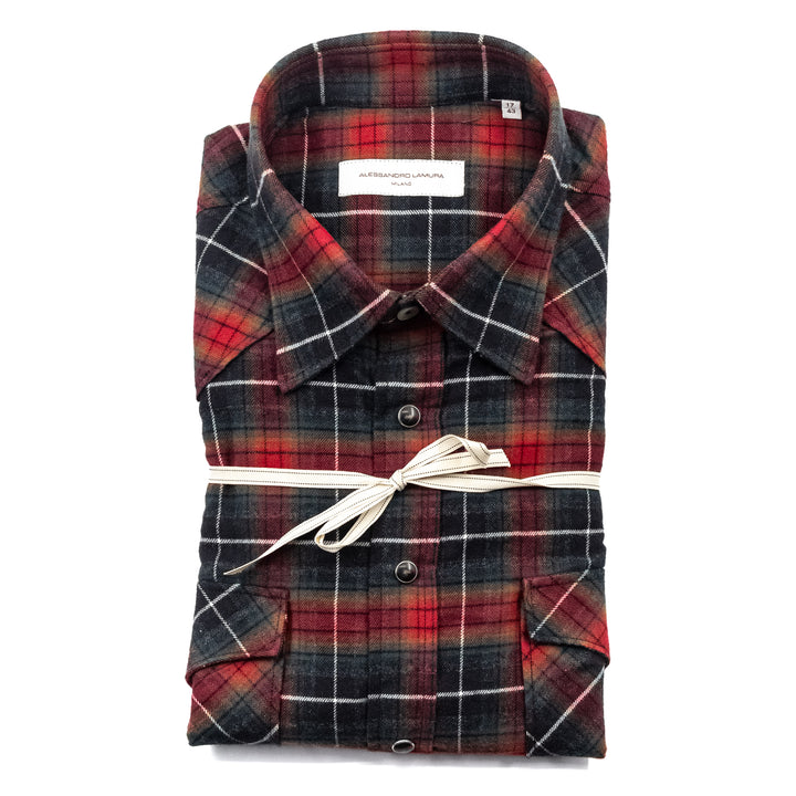 Camicia Tartan Rossa e Verde con Bottoni a Pressione