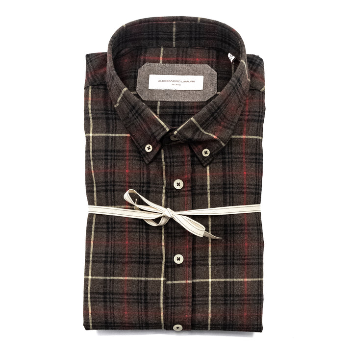 Camicia a Quadri Marrone con Collo Button Down