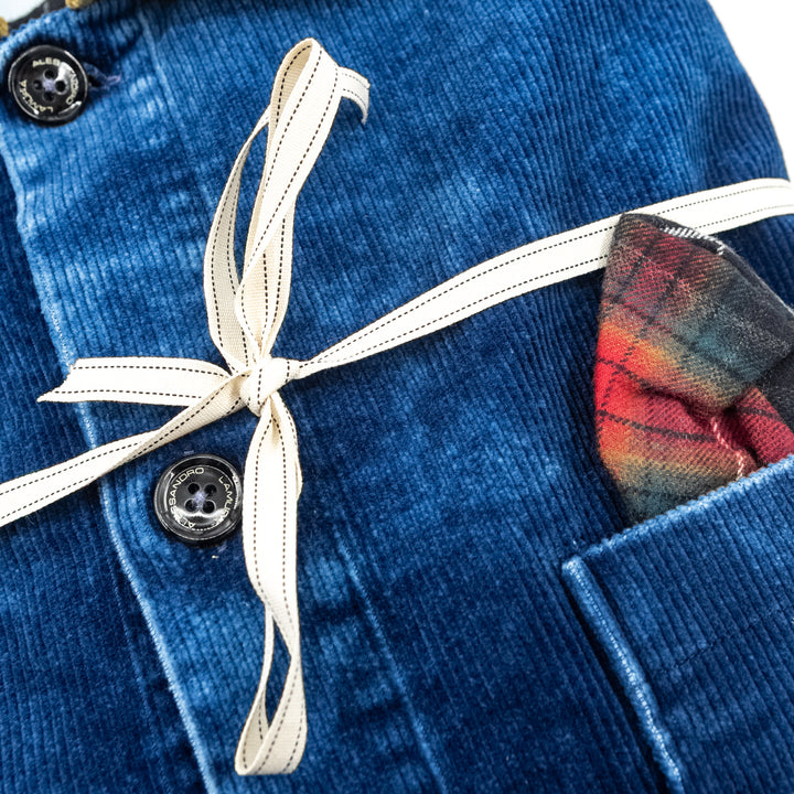 Giacca in Velluto a Coste Blu con Colletto a Contrasto