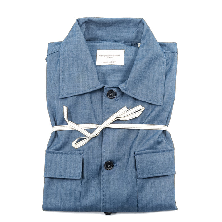 Giacca Camicia Blu in Tessuto Spigato
