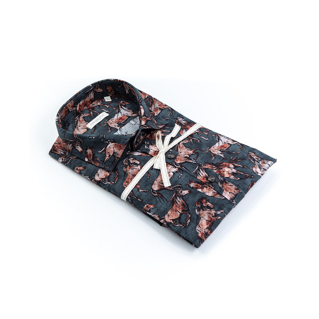 Camicia Di Cotone Stampa Cavalli in corsa – Collo francese