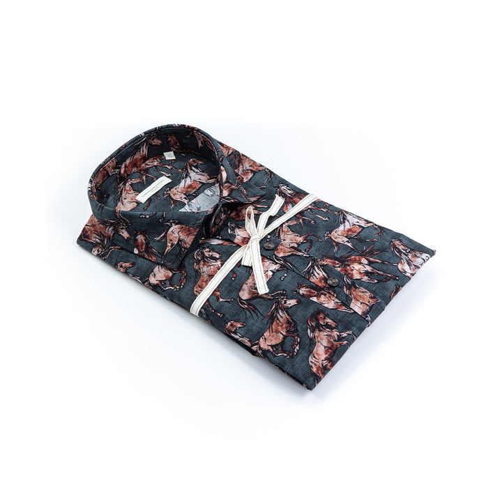 Camicia Di Cotone Stampa Cavalli in corsa – Collo francese