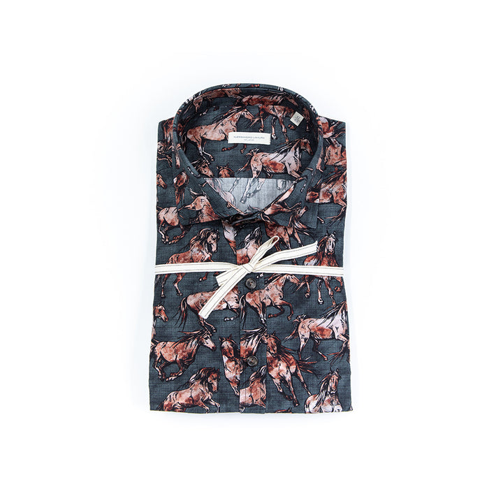 Camicia Di Cotone Stampa Cavalli in corsa – Collo francese
