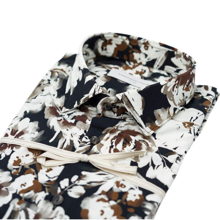 Camicia Nera con Motivo Floreale Bianco e Marrone