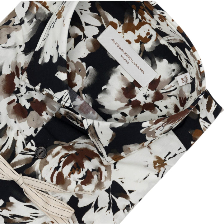 Camicia Nera con Motivo Floreale Bianco e Marrone