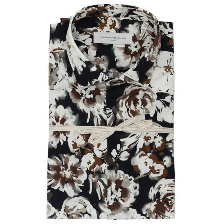 Camicia Nera con Motivo Floreale Bianco e Marrone