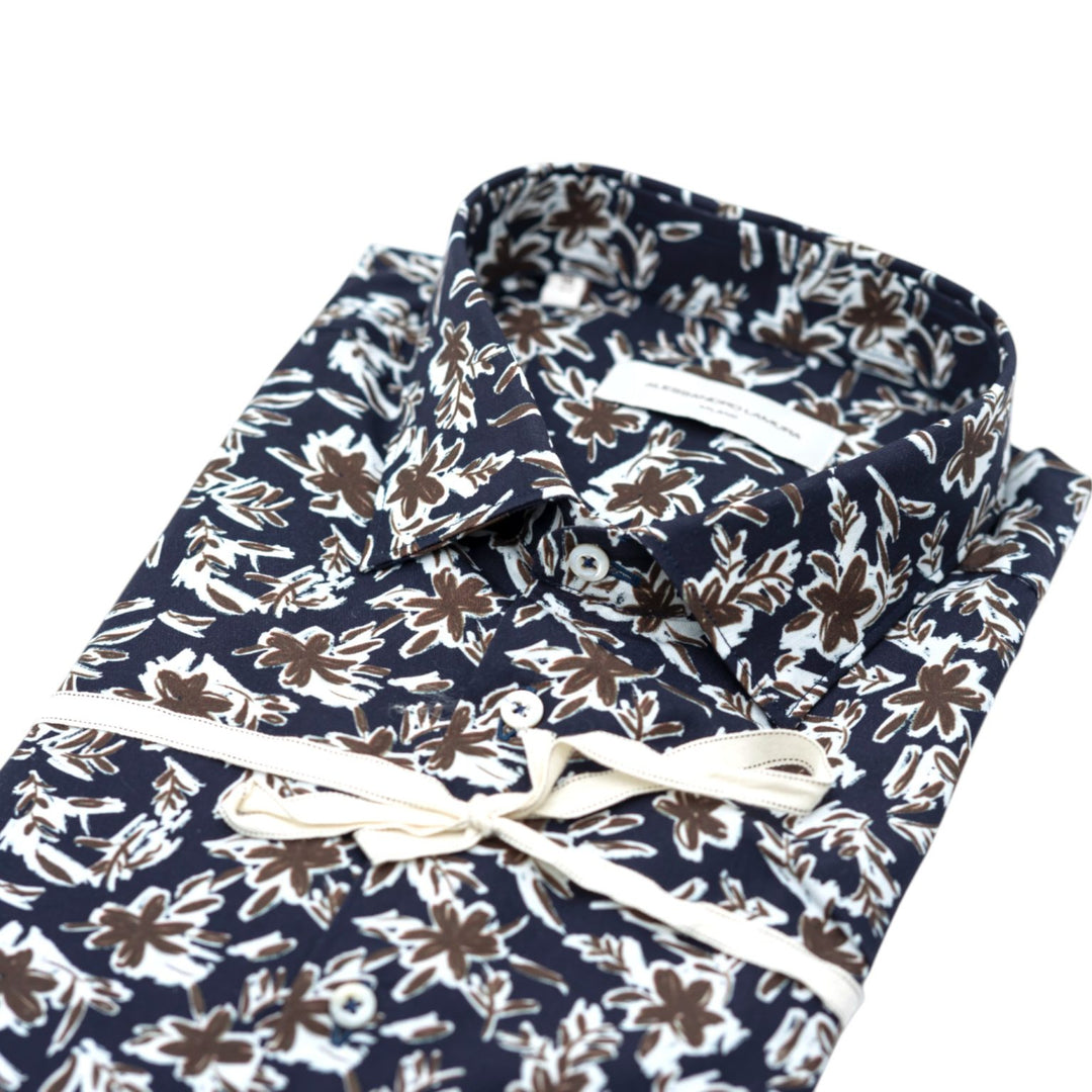 Camicia Blu scuro con Stampa Floreale Bianca e Marrone