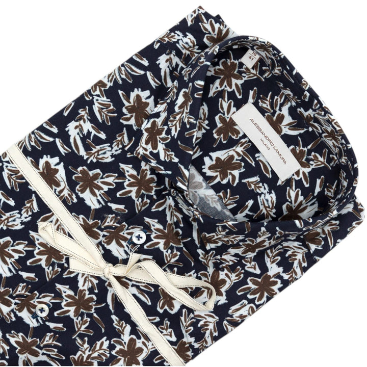 Camicia Blu scuro con Stampa Floreale Bianca e Marrone