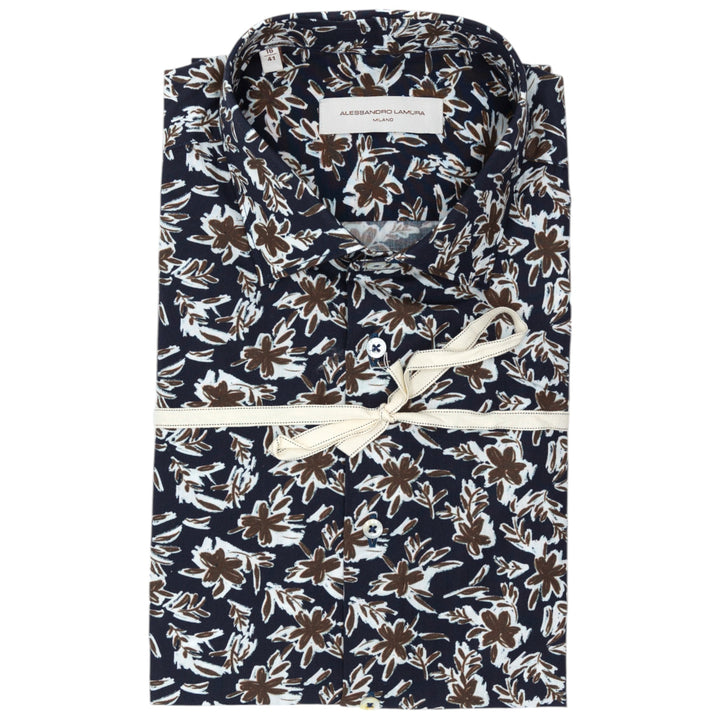 Camicia Blu scuro con Stampa Floreale Bianca e Marrone