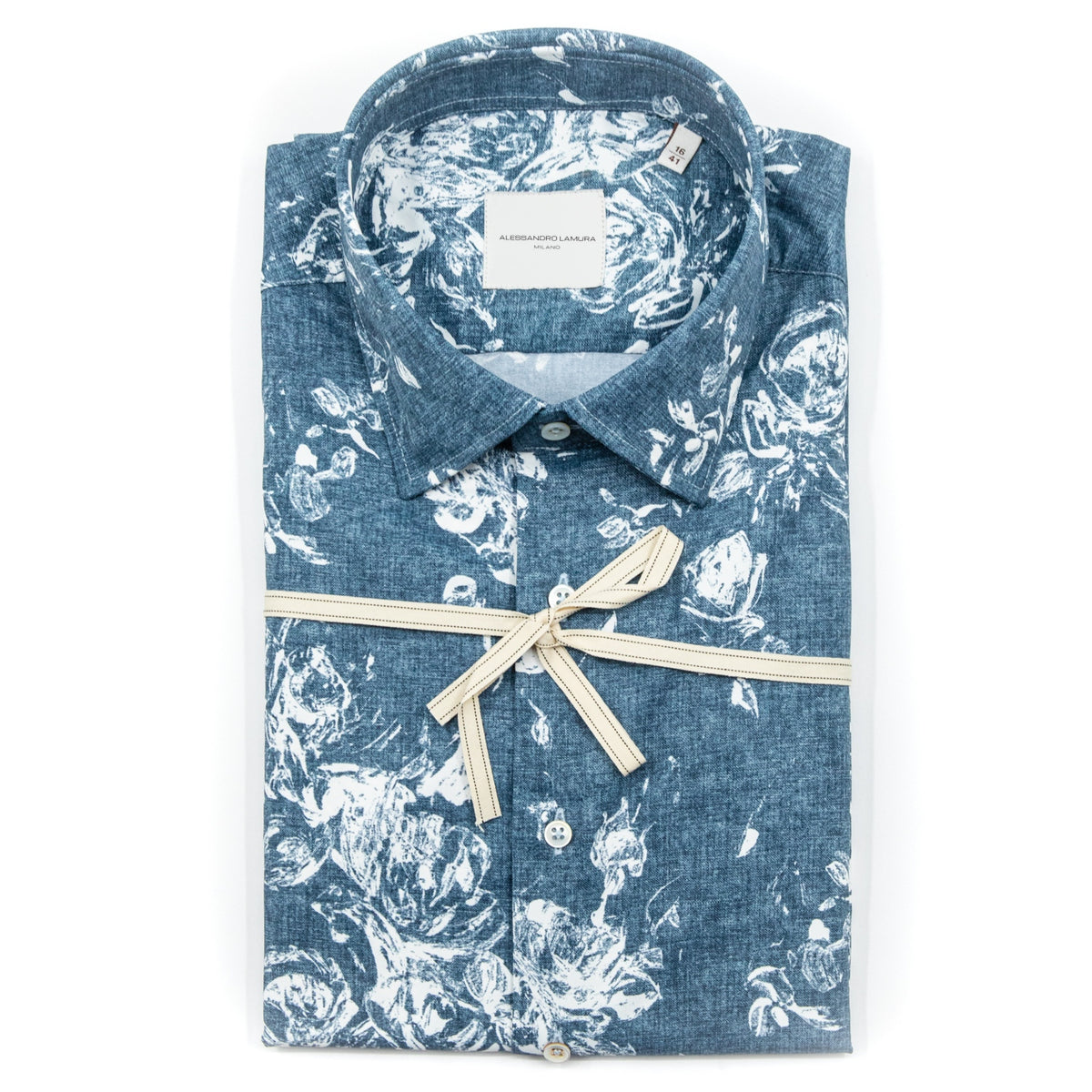 Camicia Blu con Fantasia Floreale Bianca