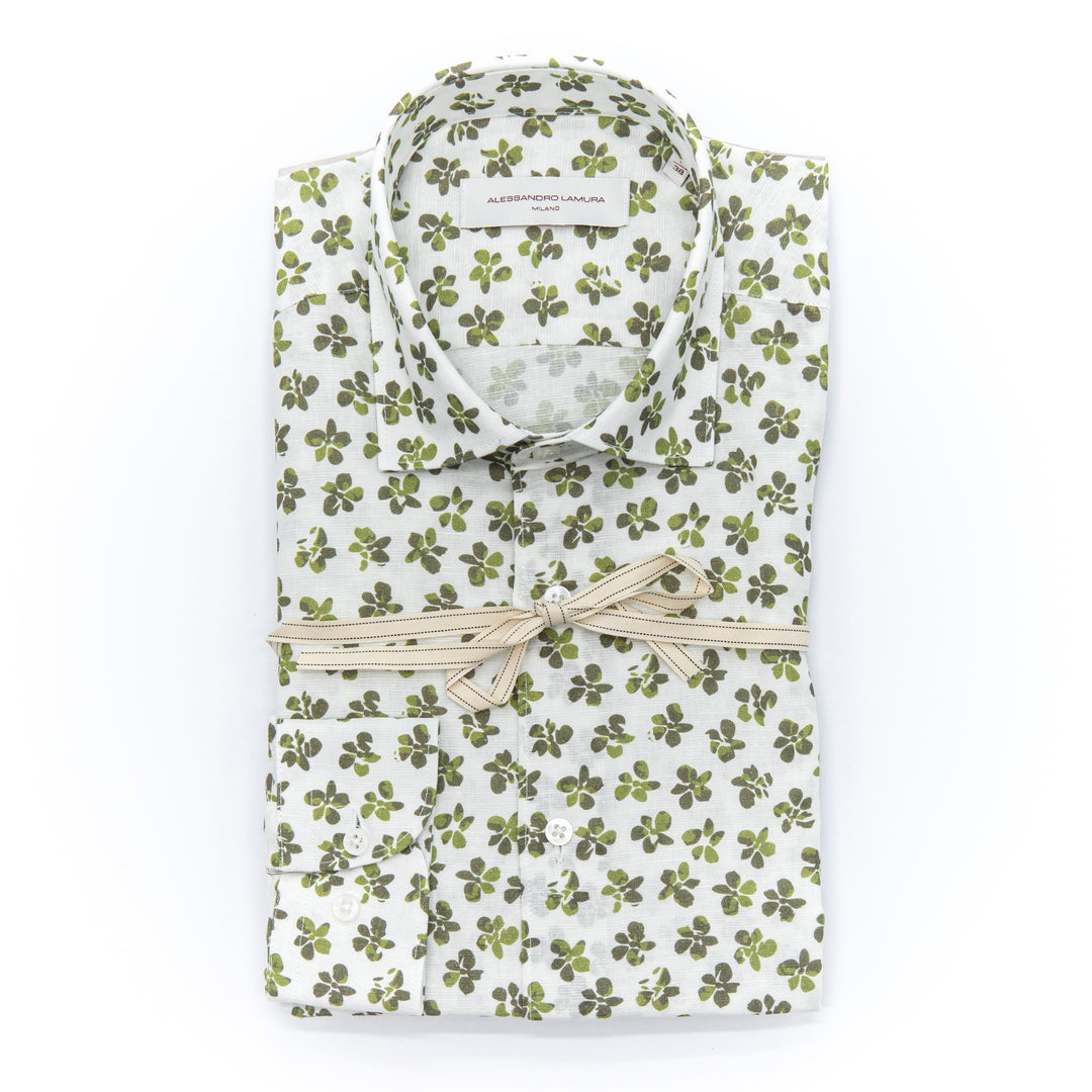 Camicia in Lino con Fantasia Floreale Verde