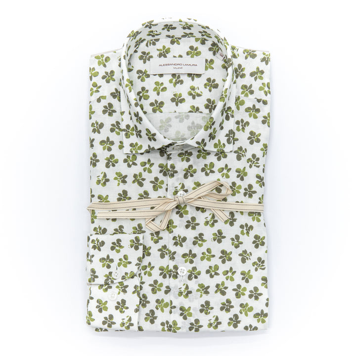 Camicia in Lino con Fantasia Floreale Verde