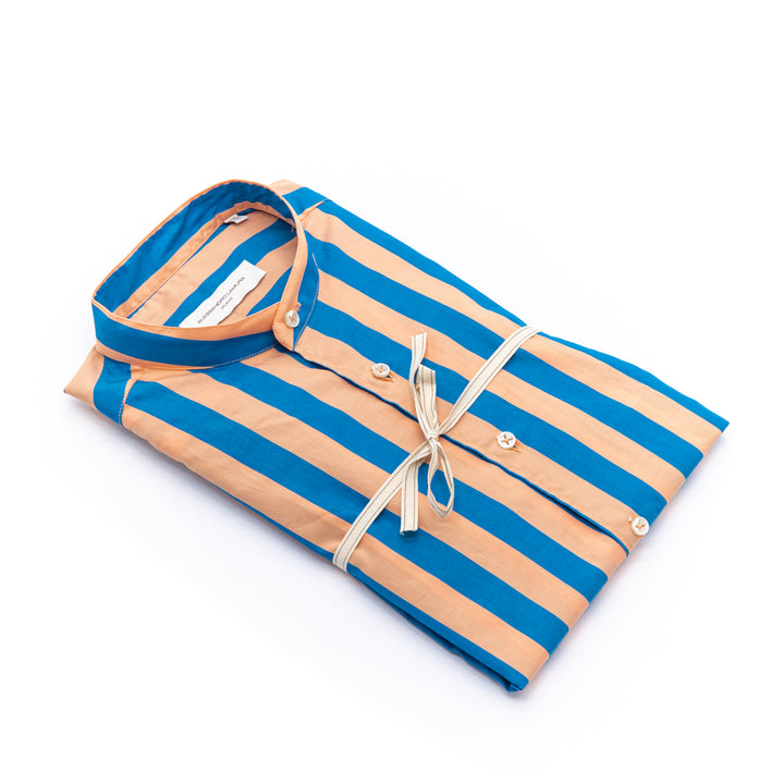 Camicia a Righe Blu e Pesca con Collo Coreano