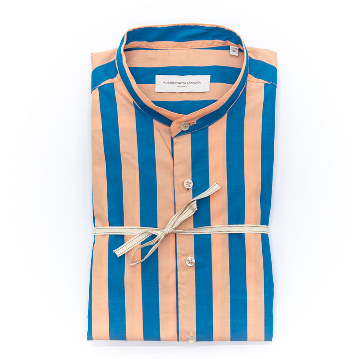 Camicia a Righe Blu e Pesca con Collo Coreano