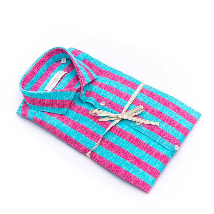Camicia Righe Lino Turchese e Magenta