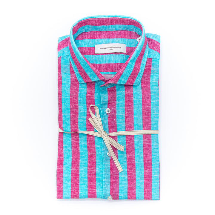 Camicia Righe Lino Turchese e Magenta
