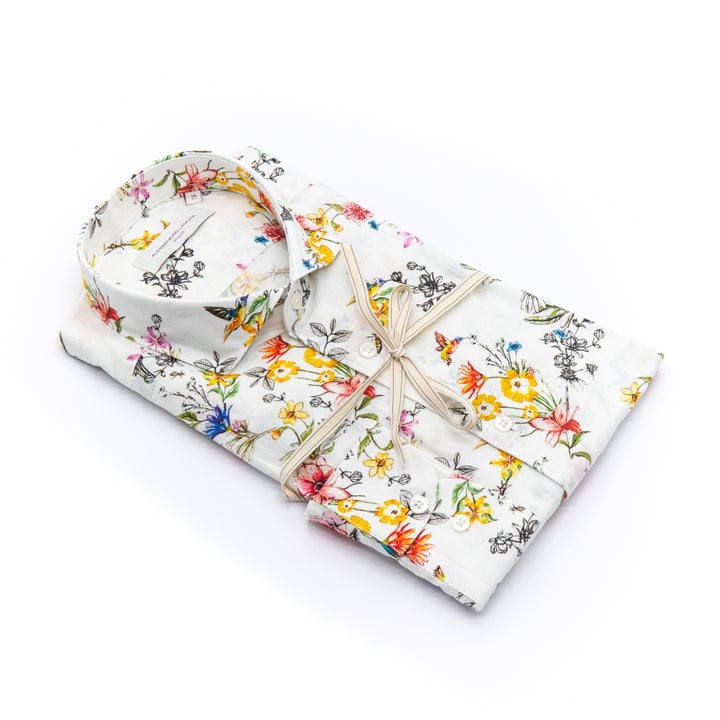 White Shirt Embroidered with Black Floral Details