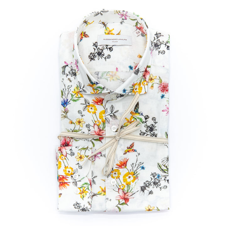 White Shirt Embroidered with Black Floral Details